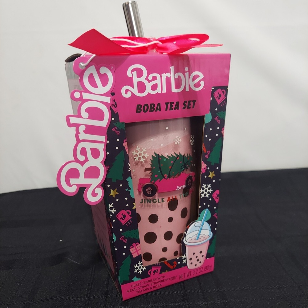 NEW Barbie Boba Tea Set Glass Tumbler w/Metal Straw Strawberry‎ Tea Mix w/Boba